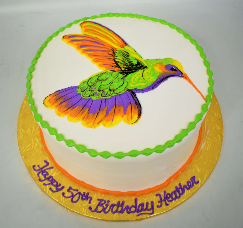 MaArthur's Bakery Custom Cake with Humming Bird, Orange, Purple, Green 