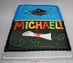 MaArthur's Bakery Custom Cake with Cap, Diploma, Large Name, Polka Dots