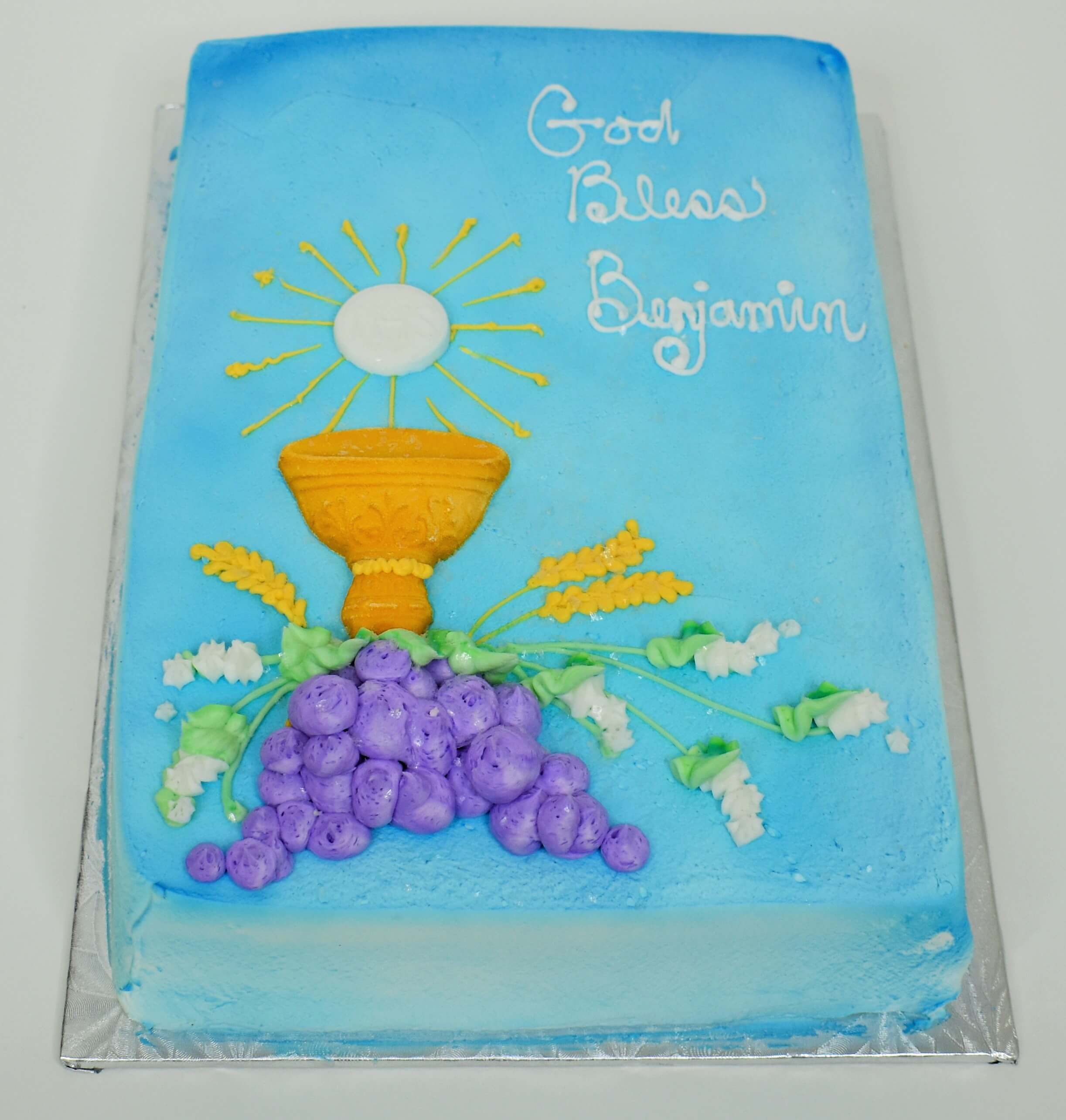 MaArthur's Bakery Custom Cake Sprayed Blue, with Chalice, and Purple Grapes
