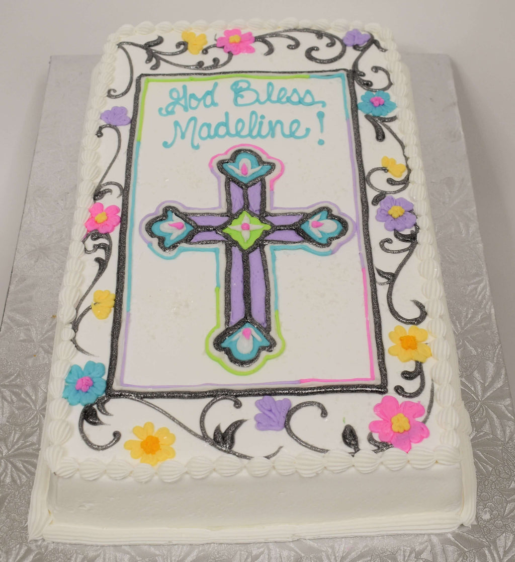 McArthur's Bakery Custom Cake with Colorful Cross and Flower Border