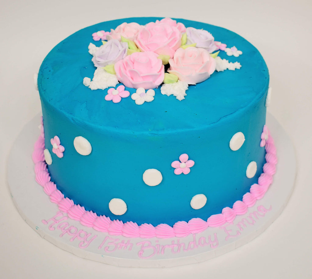 McArthur's Bakery Custom Cake with Blue Icing, Pink Roses and Pink Polka Dots