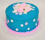 McArthur's Bakery Custom Cake with Blue Icing, Pink Roses and Pink Polka Dots