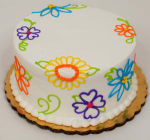 MaArthur's Bakery Custom Cake With Colorful Outline Flowers Covering Top and Sides of Cake