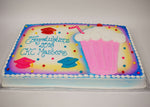 McArthur's Bakery Custom Cake with Pink and Purple Icing, Milk Shake and Graduation Hats