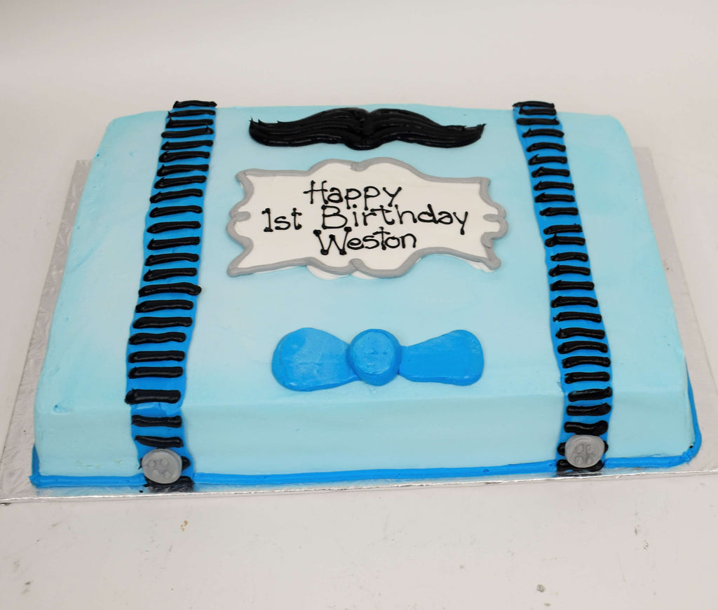 McArthur's Bakery Custom Cake With Little Man Blue Bow Tie And Suspenders