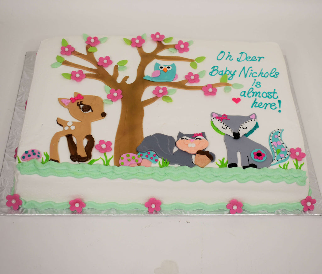MaArthur's Bakery Custom Cake with Woodland Animals, Deer, Squirrel, Owl, Fox, Pink Budding Flowers.