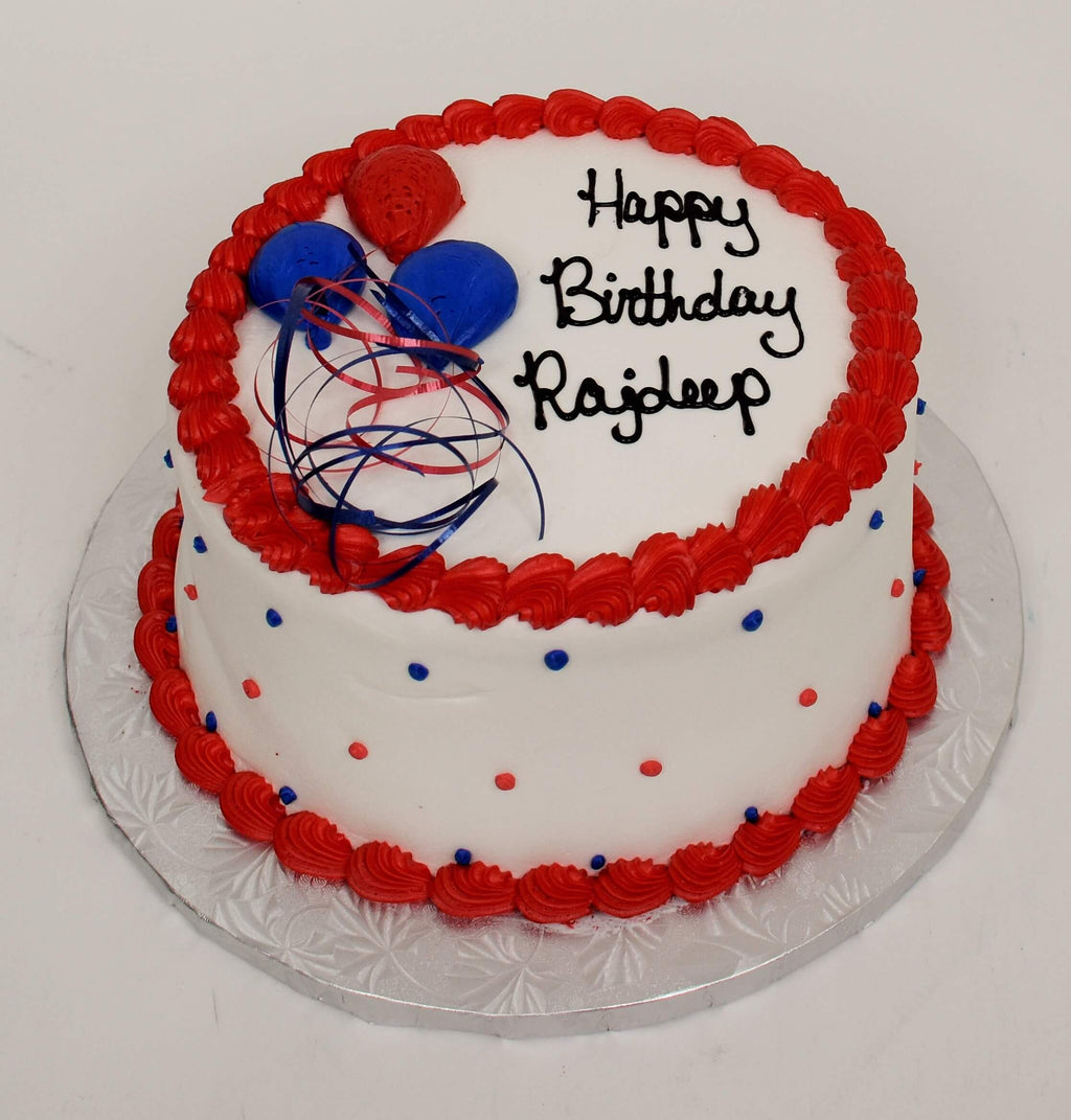 MaArthur's Bakery Custom Cake Red Trim, Blue and Red Balloons