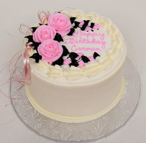 McArthur's Bakery Custom Cake with Large Pink Roses, Black Leaves, Pink Ribbon
