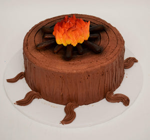 MaArthur's Bakery Custom Cake with Chocolate Buttercream icing, campfire, Tree Stump