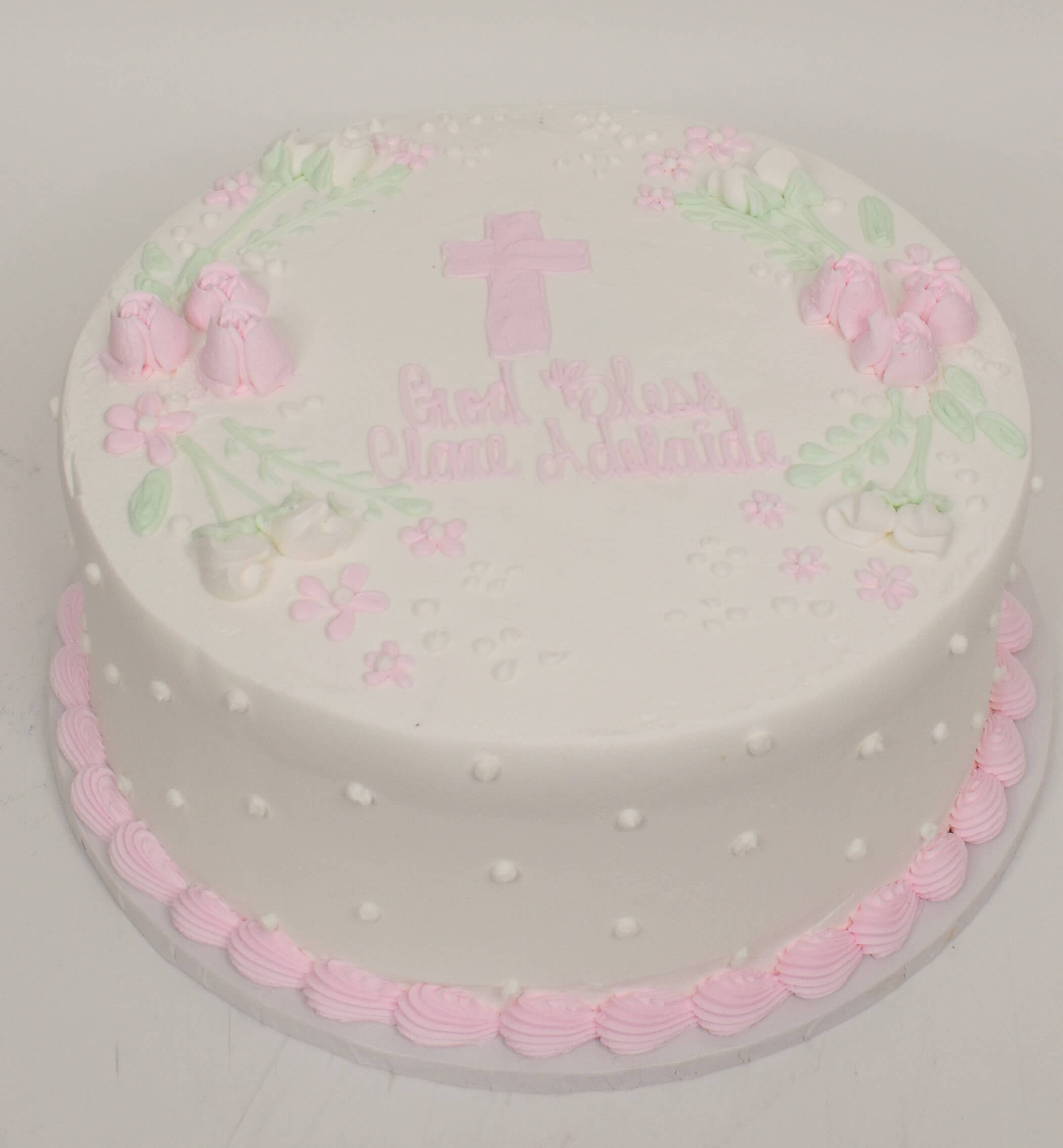 McArthur's Bakery Custom Cake with Pink Cross, Pink Roses