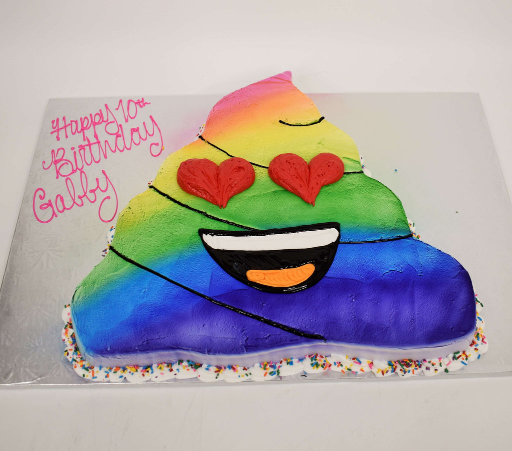 McArthur's Bakery Custom Cake with a Rainbow Poop Emojie Cut Out