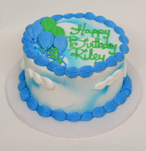 McArthur's Bakery Custom Cake with Blue and Green Balloons, White Clouds and Sky