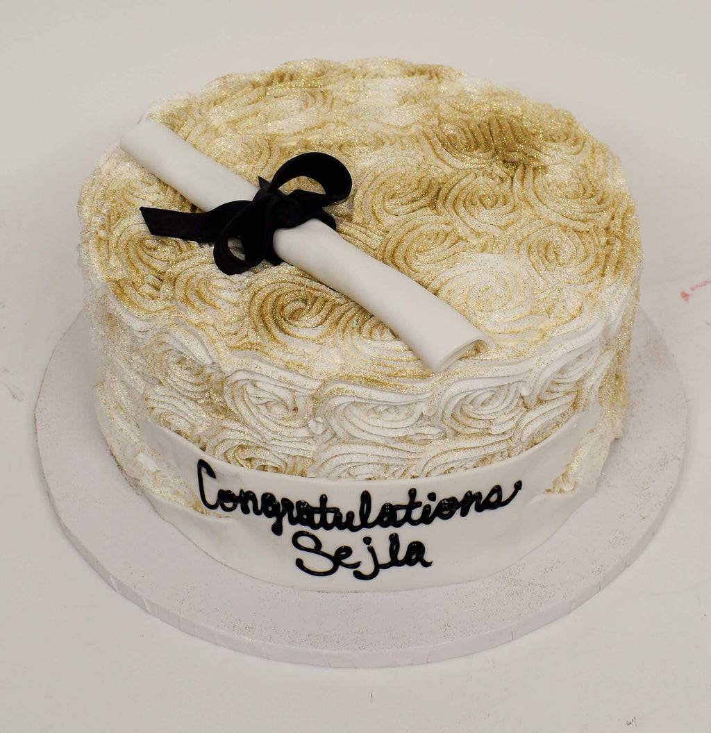 McArthur's Bakery Custom Cake With White Rosettes And Gold Dust Graduation