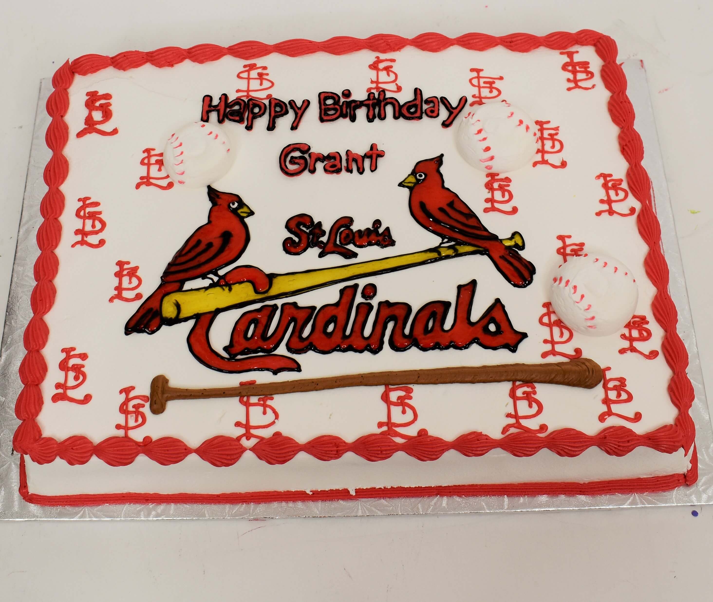 McArthur's Bakery Custom Cake With St. Louis Cardinals And Two Birds On Bat