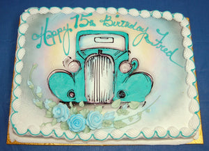 McArthur's Bakery Custom Cake with Blue Vintage Car, Roses and Rainbow
