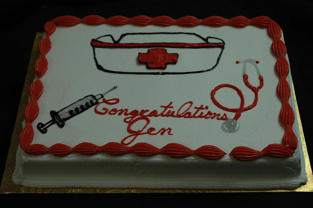 McArthur's Bakery Custom Cake with Nurse Hat, Stethoscope, Needle