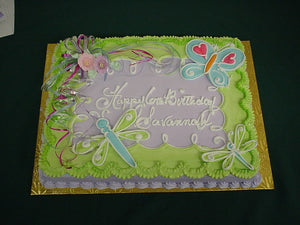 McArthur's Bakery Custom Cake with Green Icing, Butterflies, Dragonflies and Flowers
