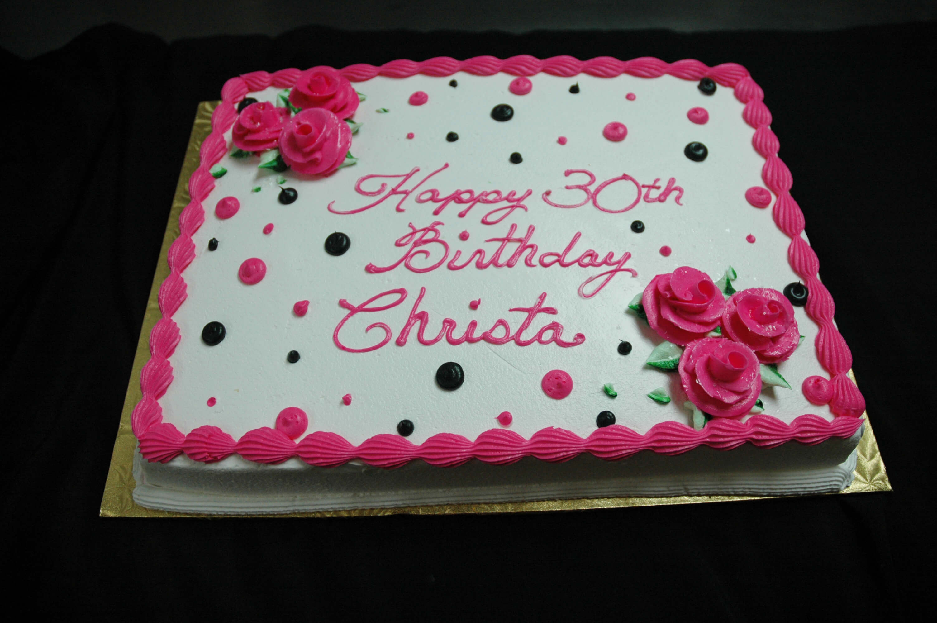 McArthur's Bakery Custom Cake with Pink Roses and Black and Pink Polka Dots