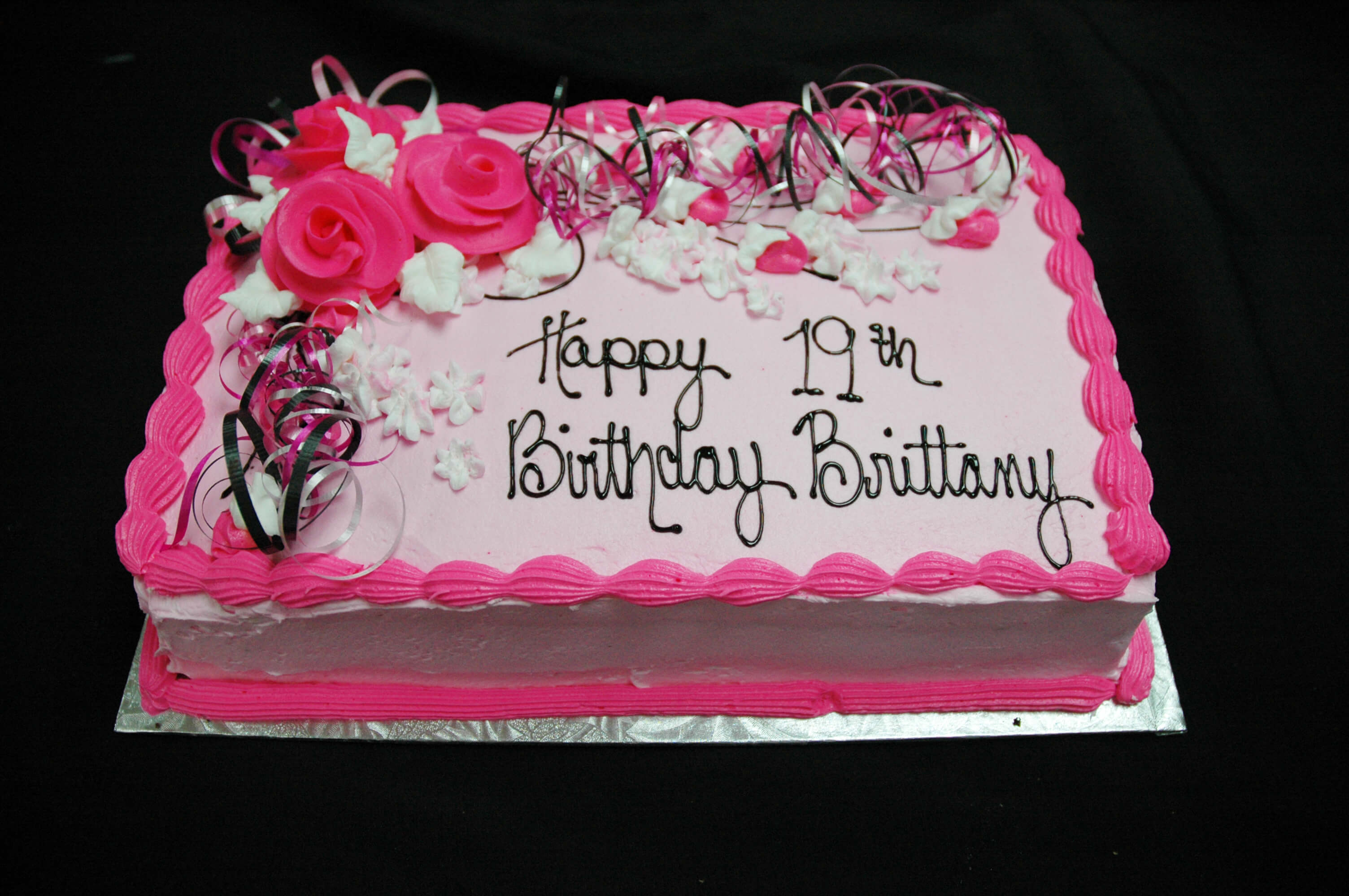 McArthur's Bakery Custom Cake with Hot Pink Roses and Ribbon