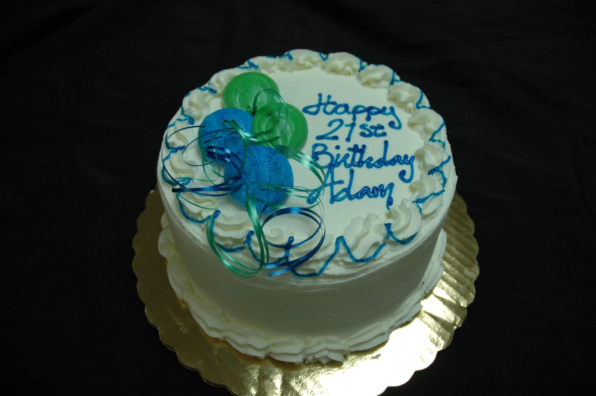 McArthur's Bakery Custom Cake with Green and Blue Balloons