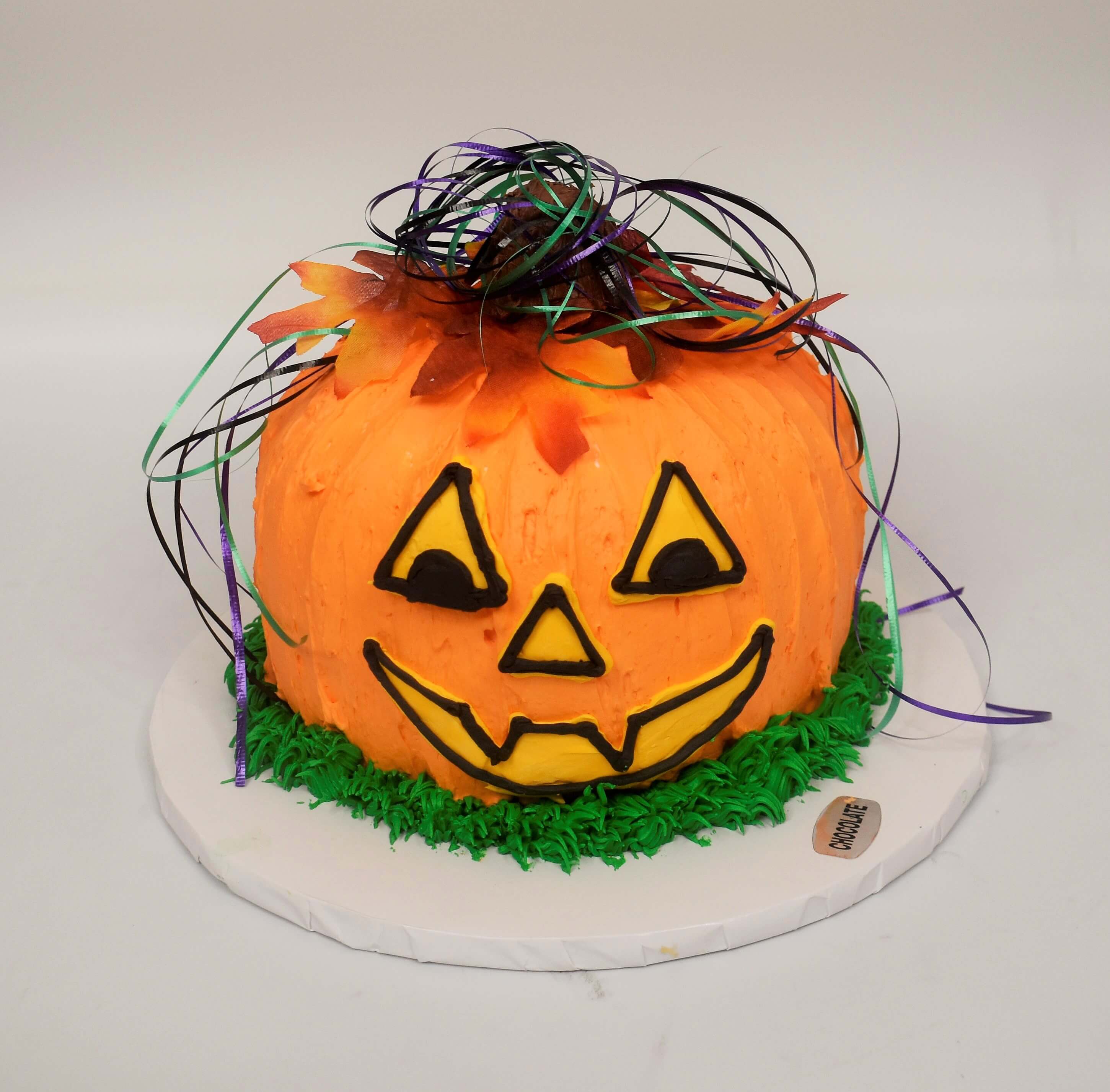 A McARthur's Party Cake of a Smiling Pumpkin for Halloween.
