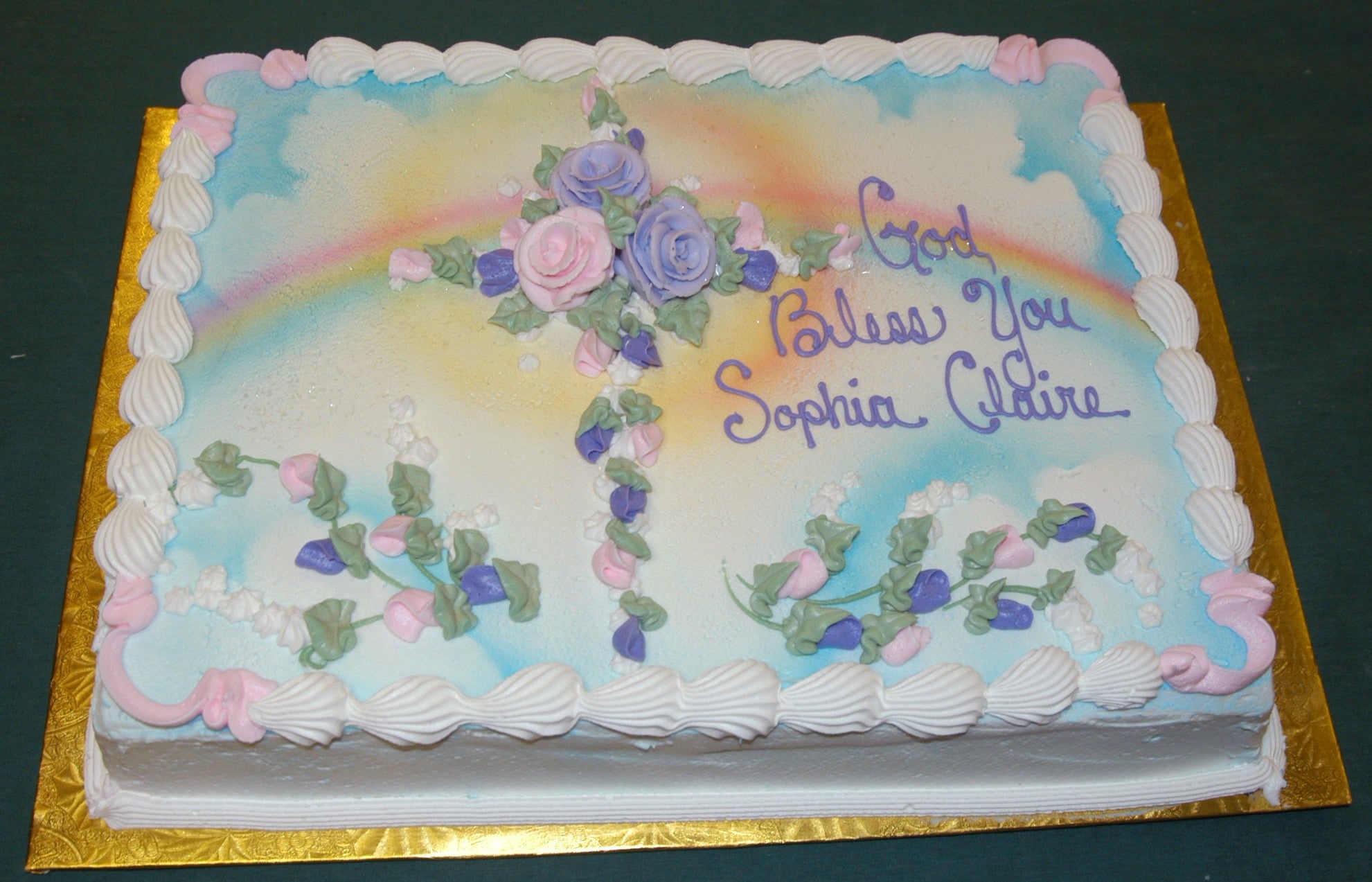 MaArthur's Bakery Custom Cake with Cross of Roses, Rainbows, Sun