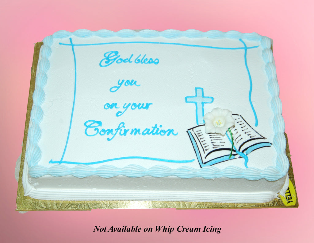 MaArthur's Bakery Custom Cake with Bible, Cross, Blue Writing